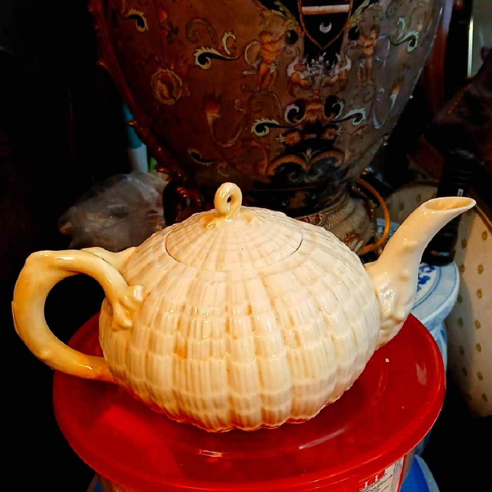 Belleek Cream Porcelain Triadacna Seashell Teapot Art, 1965 - 1980